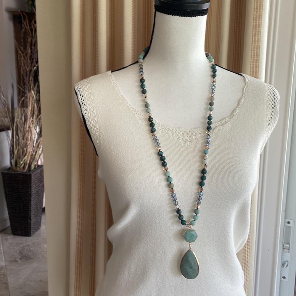 Amazonite gemstone necklace beaded pendant - Picture 4 of 17